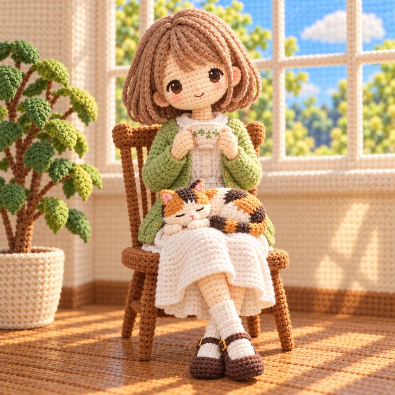 あみぐるみ風で描いた、窓辺で紅茶を飲む女の子と三毛猫