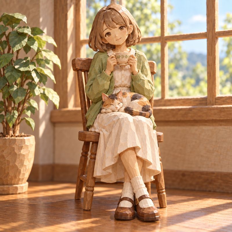 木彫り風で描いた、窓辺で紅茶を飲む女の子と三毛猫