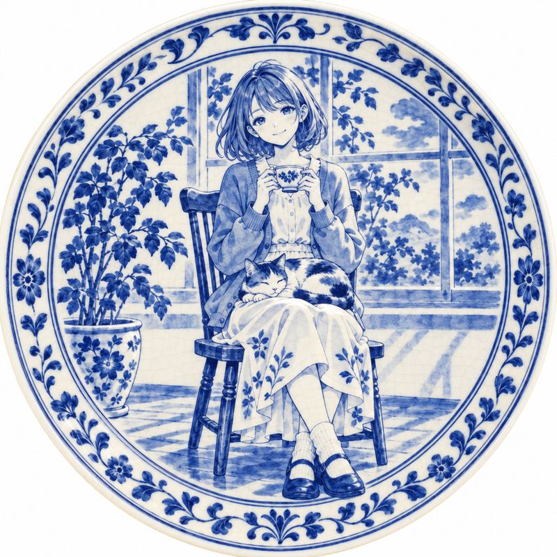 陶器（染付）風で描いた、窓辺で紅茶を飲む女の子と三毛猫