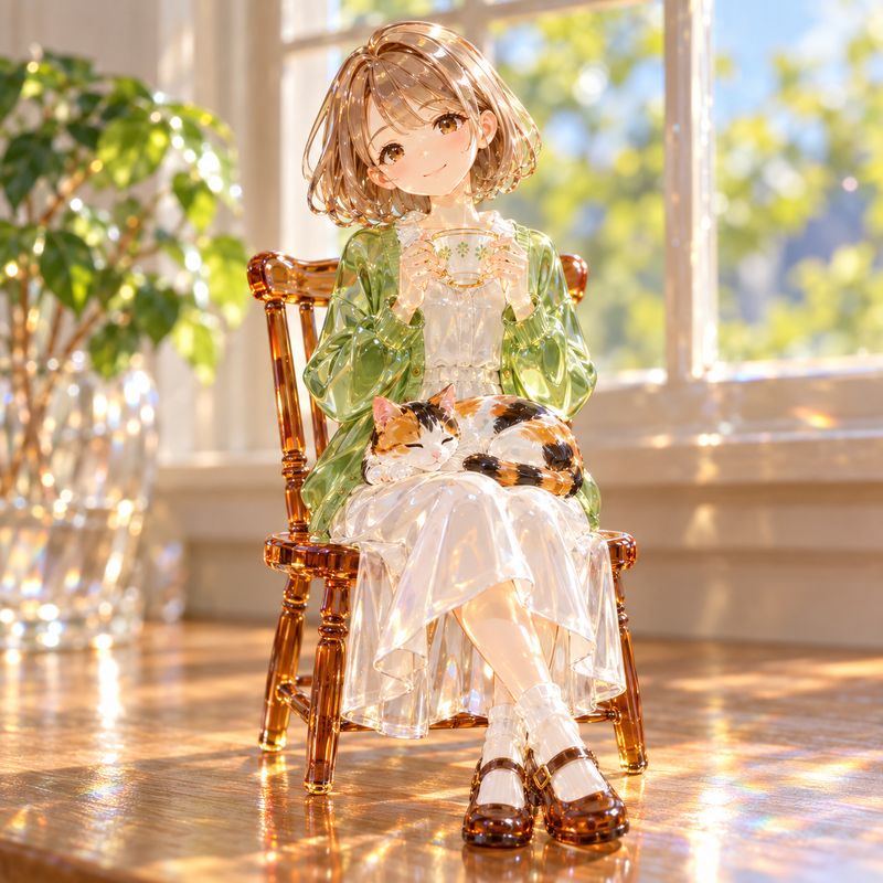 ガラス細工風で描いた、窓辺で紅茶を飲む女の子と三毛猫