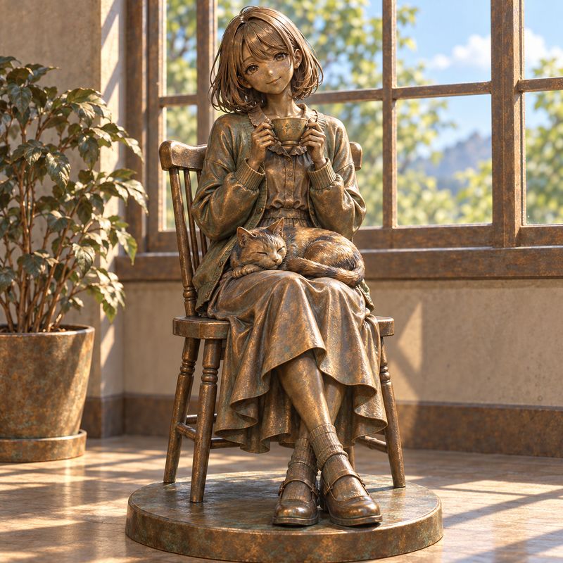 ブロンズ像風で描いた、窓辺で紅茶を飲む女の子と三毛猫