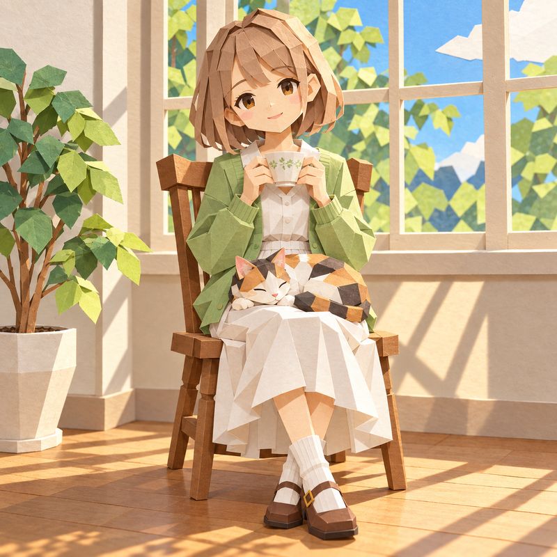 ペーパークラフト風で描いた、窓辺で紅茶を飲む女の子と三毛猫