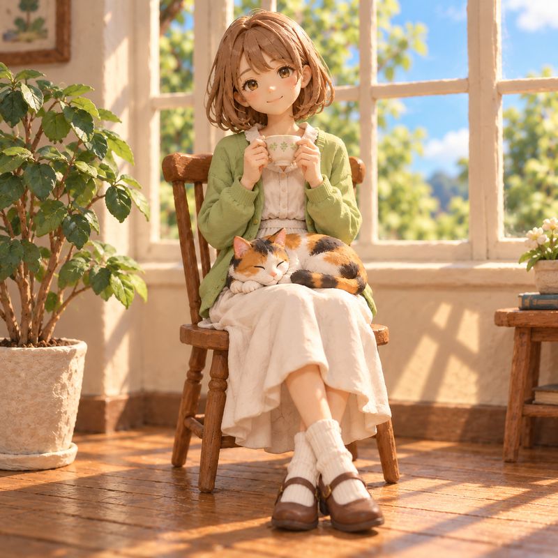 粘土（クレイ）風で描いた、窓辺で紅茶を飲む女の子と三毛猫