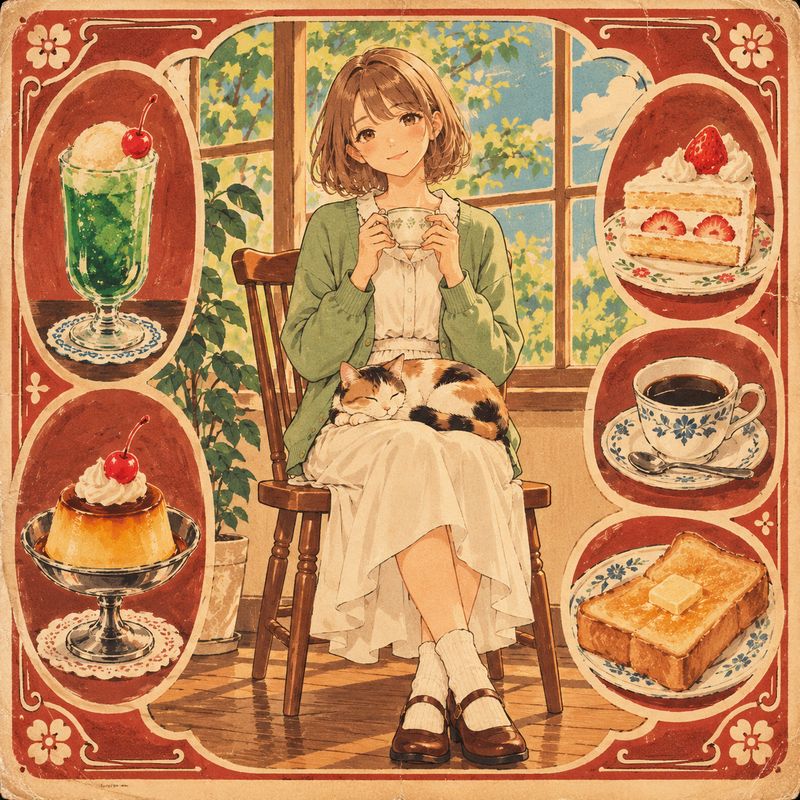 純喫茶メニュー風で描いた、窓辺で紅茶を飲む女の子と三毛猫