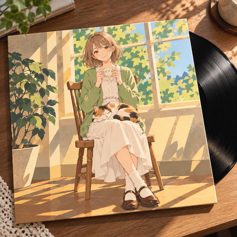 レコードジャケット風で描いた、窓辺で紅茶を飲む女の子と三毛猫
