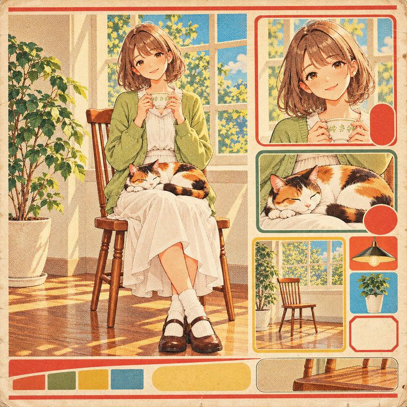 昭和家電カタログ風で描いた、窓辺で紅茶を飲む女の子と三毛猫