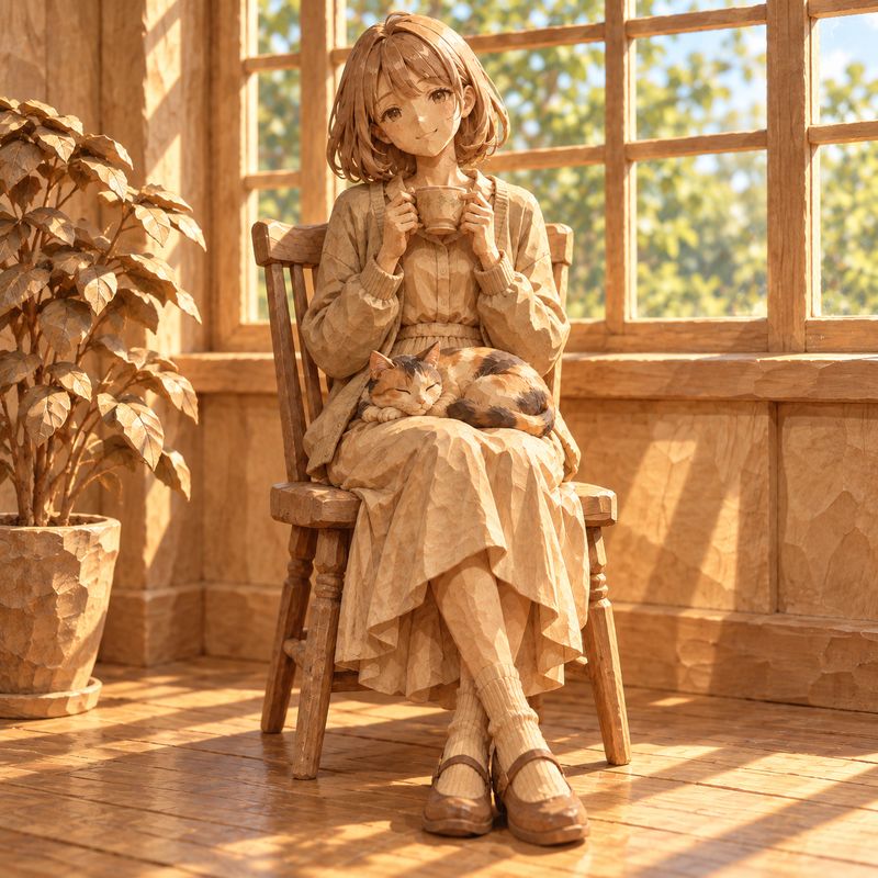 木彫り風で描いた、窓辺で紅茶を飲む女の子と三毛猫