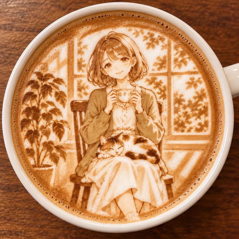 ラテアート風で描いた、窓辺で紅茶を飲む女の子と三毛猫