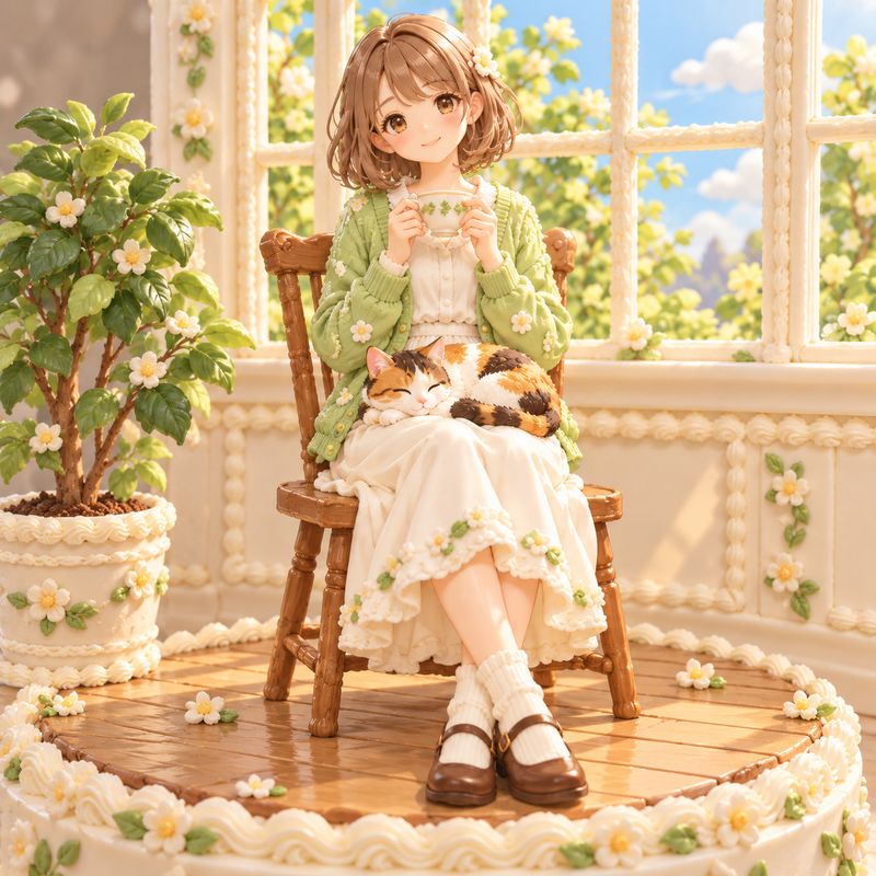 シュガーケーキ風で描いた、窓辺で紅茶を飲む女の子と三毛猫