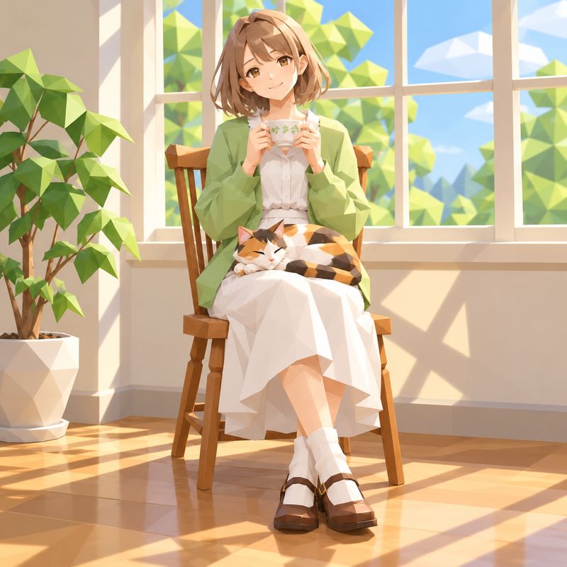 ローポリ3D風で描いた、窓辺で紅茶を飲む女の子と三毛猫
