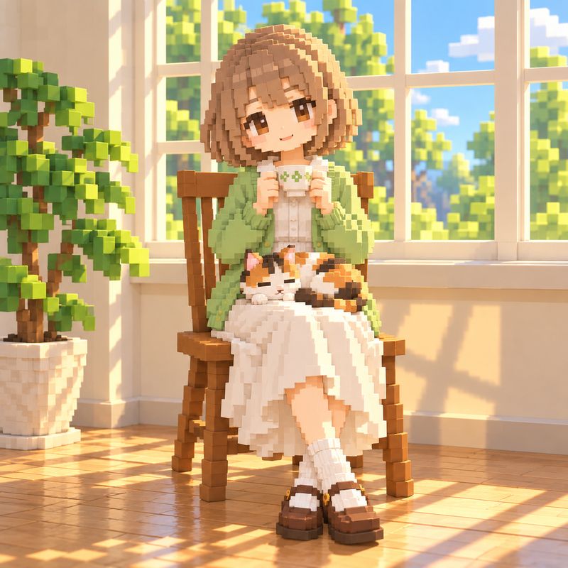 ボクセル風で描いた、窓辺で紅茶を飲む女の子と三毛猫