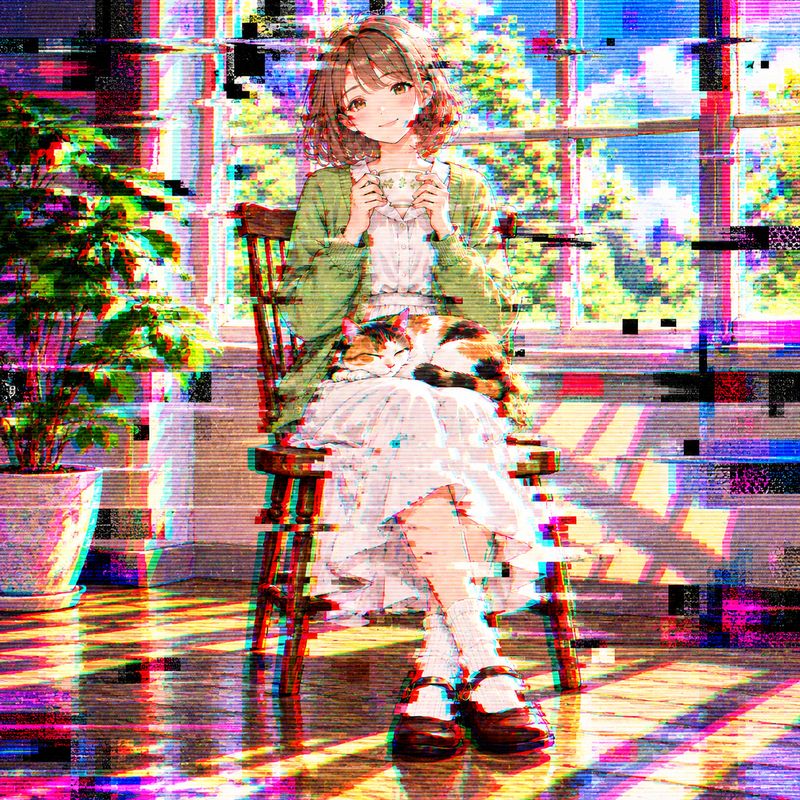 グリッチ風で描いた、窓辺で紅茶を飲む女の子と三毛猫