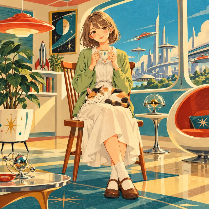 レトロフューチャー風で描いた、窓辺で紅茶を飲む女の子と三毛猫