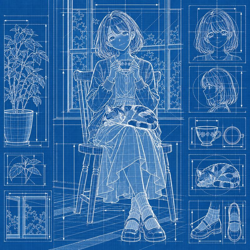 設計図風で描いた、窓辺で紅茶を飲む女の子と三毛猫