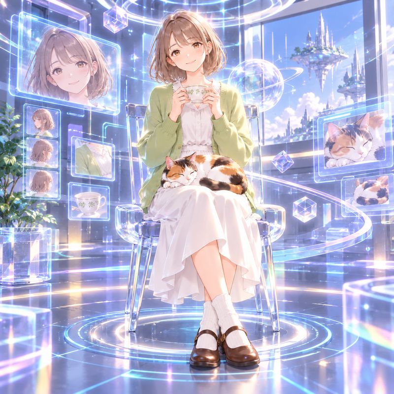 メタバースUI風で描いた、窓辺で紅茶を飲む女の子と三毛猫