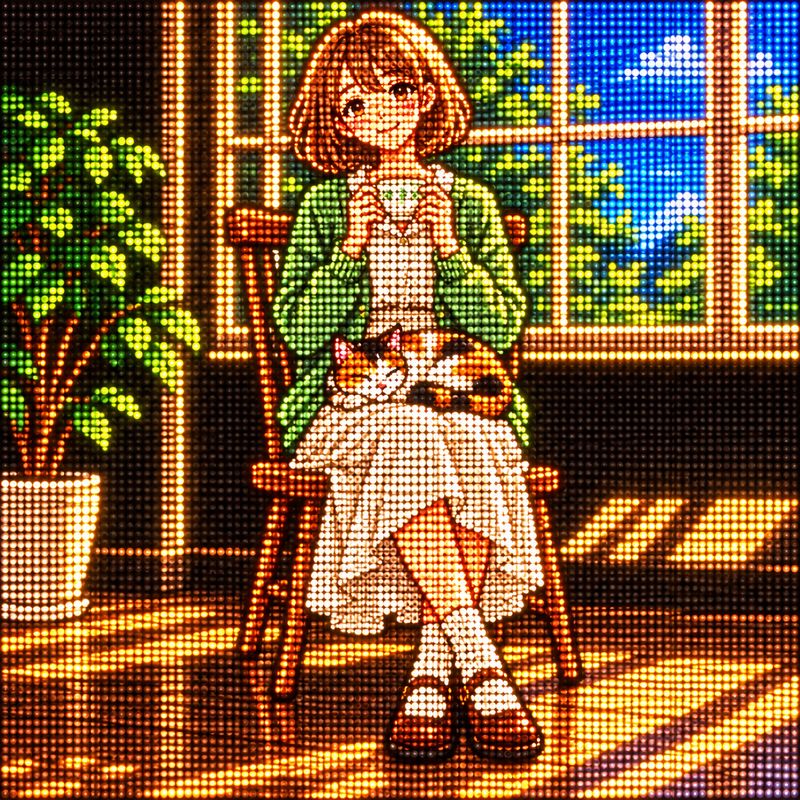 電光掲示板風で描いた、窓辺で紅茶を飲む女の子と三毛猫