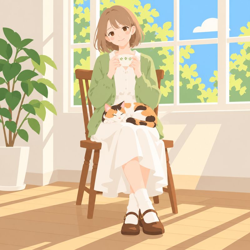 ミニマルフラット風で描いた、窓辺で紅茶を飲む女の子と三毛猫