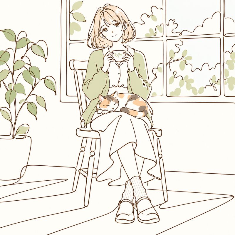 一筆書きライン風で描いた、窓辺で紅茶を飲む女の子と三毛猫