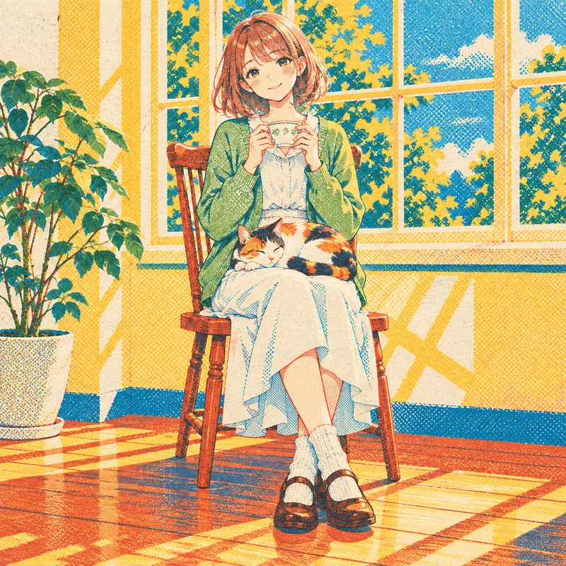 リソグラフ風で描いた、窓辺で紅茶を飲む女の子と三毛猫