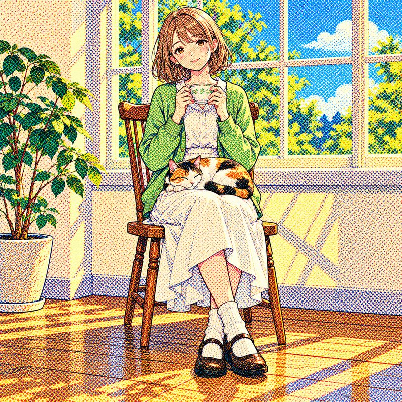 網点印刷風で描いた、窓辺で紅茶を飲む女の子と三毛猫