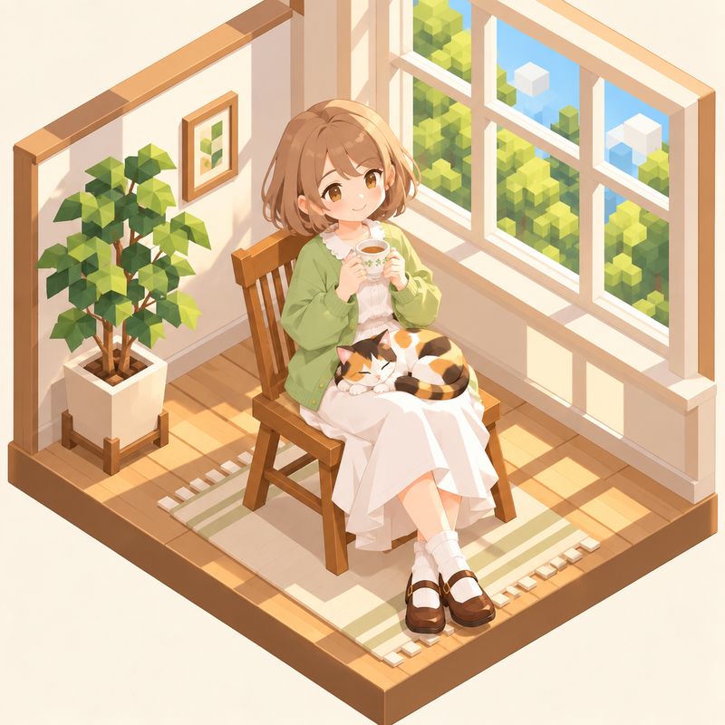 アイソメトリック風で描いた、窓辺で紅茶を飲む女の子と三毛猫