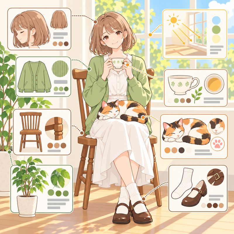 インフォグラフィック風で描いた、窓辺で紅茶を飲む女の子と三毛猫