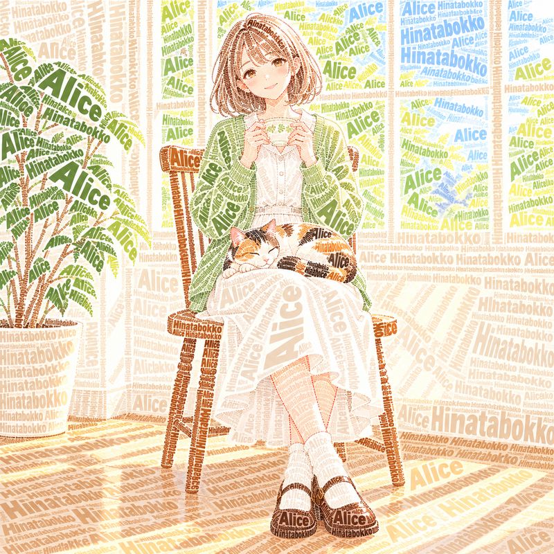 タイポグラフィ風で描いた、窓辺で紅茶を飲む女の子と三毛猫