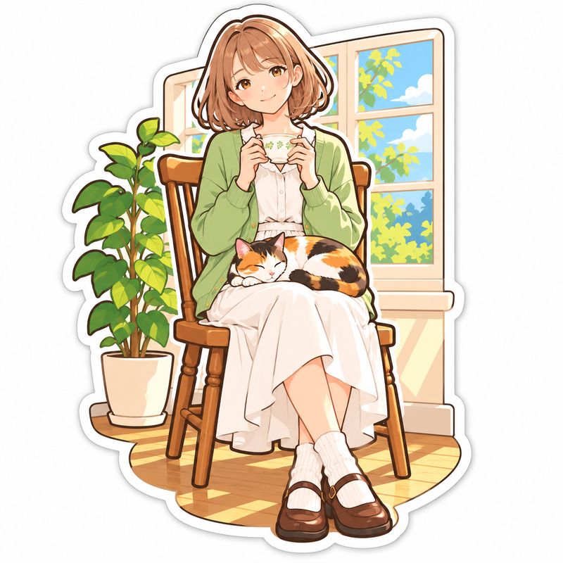 ステッカー風で描いた、窓辺で紅茶を飲む女の子と三毛猫