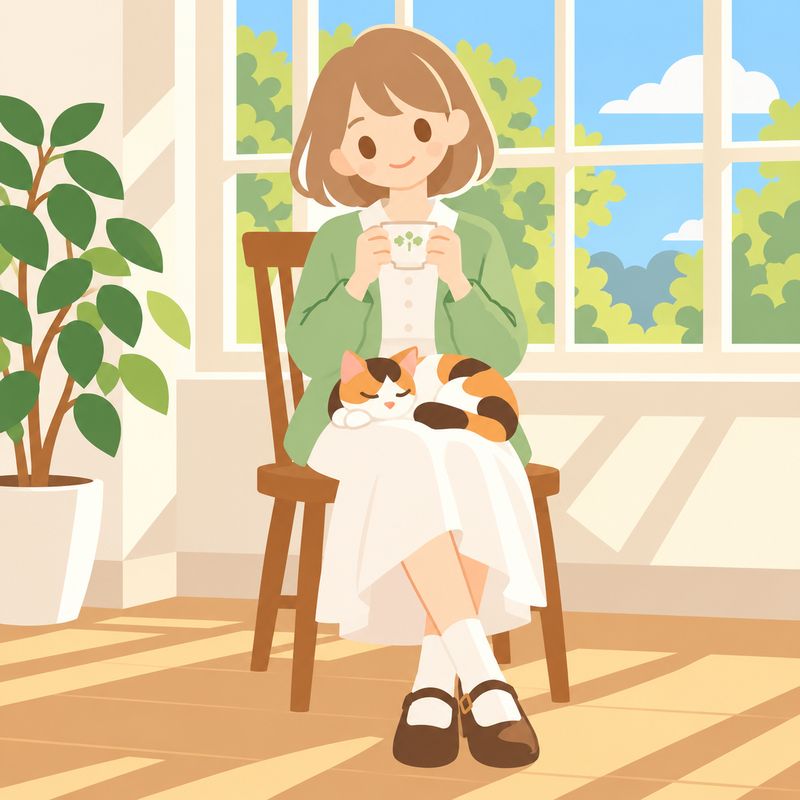 ピクトグラム風で描いた、窓辺で紅茶を飲む女の子と三毛猫