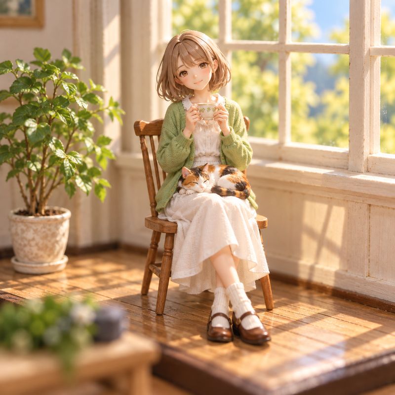 ジオラマ風で描いた、窓辺で紅茶を飲む女の子と三毛猫