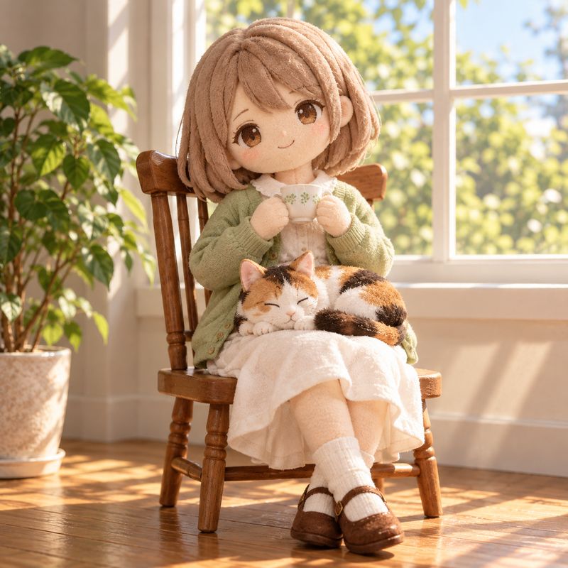 ぬいぐるみ実写風で描いた、窓辺で紅茶を飲む女の子と三毛猫
