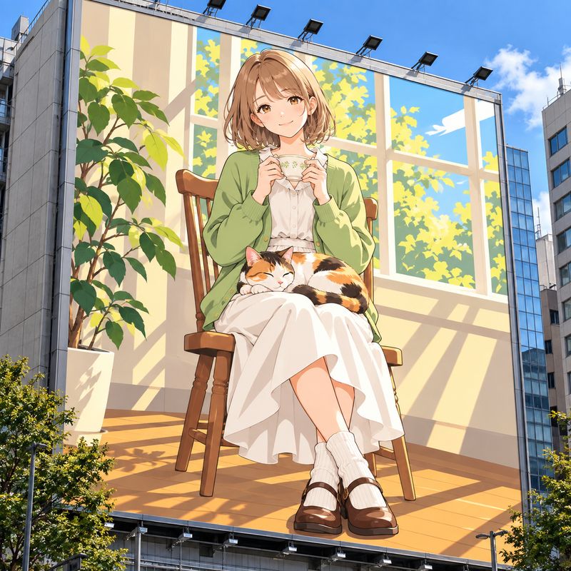 巨大看板風で描いた、窓辺で紅茶を飲む女の子と三毛猫