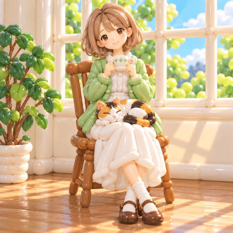 バルーンアート風で描いた、窓辺で紅茶を飲む女の子と三毛猫