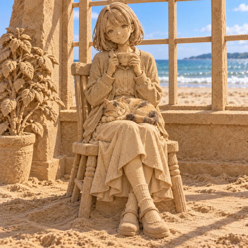 砂浜アート風で描いた、窓辺で紅茶を飲む女の子と三毛猫