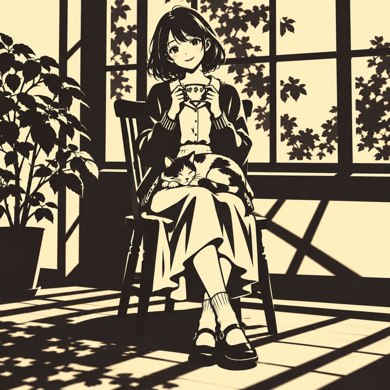 影絵風で描いた、窓辺で紅茶を飲む女の子と三毛猫