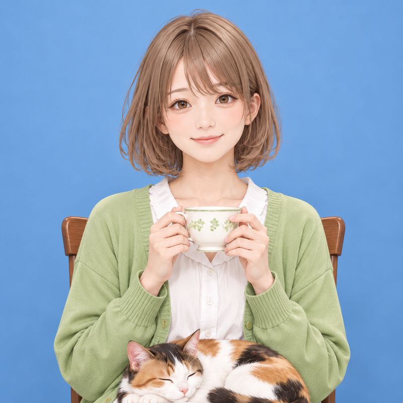 証明写真風で描いた、窓辺で紅茶を飲む女の子と三毛猫