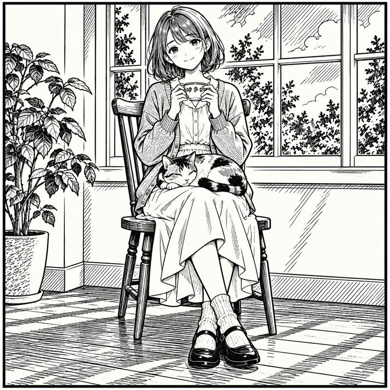新聞一コマ漫画風で描いた、窓辺で紅茶を飲む女の子と三毛猫