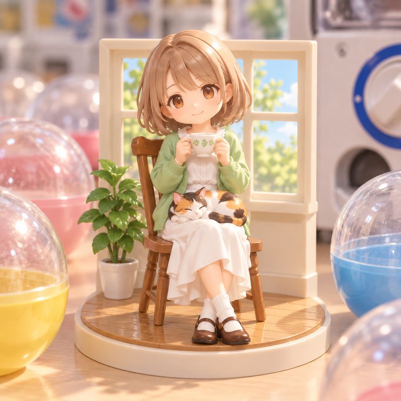 カプセルトイ風で描いた、窓辺で紅茶を飲む女の子と三毛猫