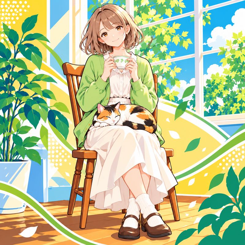自販機ラッピング風で描いた、窓辺で紅茶を飲む女の子と三毛猫