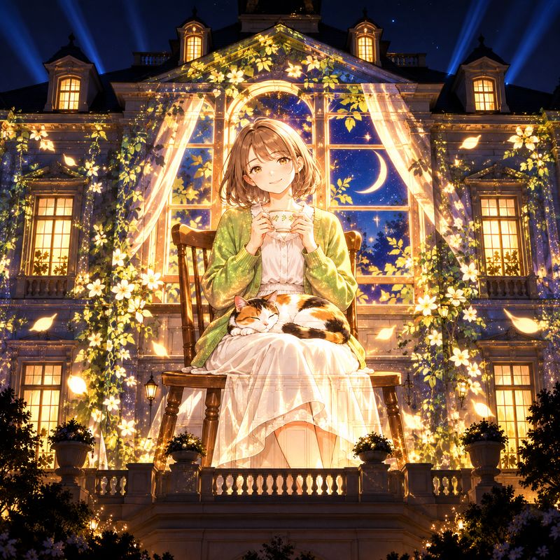 プロジェクションマッピング風で描いた、窓辺で紅茶を飲む女の子と三毛猫