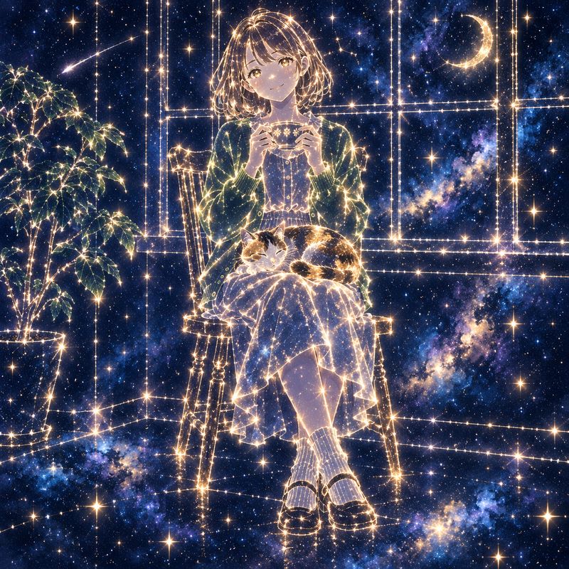 星座風で描いた、窓辺で紅茶を飲む女の子と三毛猫