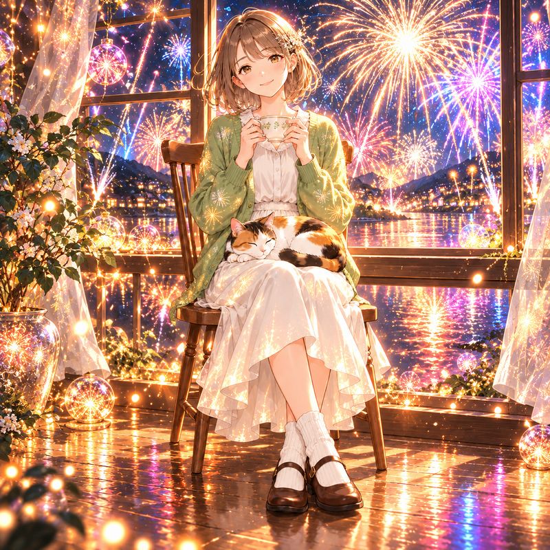 打ち上げ花火風で描いた、窓辺で紅茶を飲む女の子と三毛猫