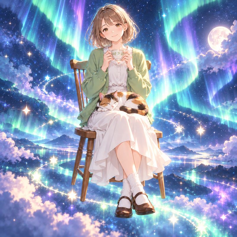 オーロラ風で描いた、窓辺で紅茶を飲む女の子と三毛猫