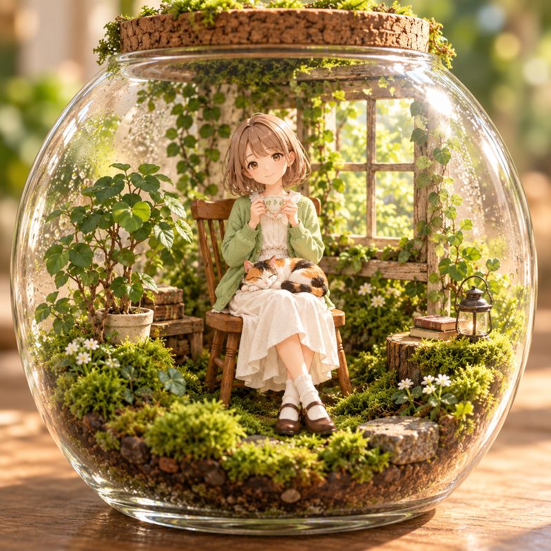 苔テラリウム風で描いた、窓辺で紅茶を飲む女の子と三毛猫