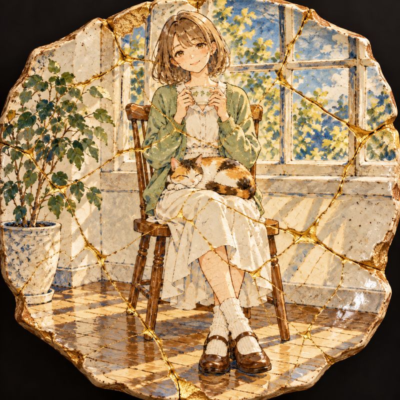 金継ぎ風で描いた、窓辺で紅茶を飲む女の子と三毛猫