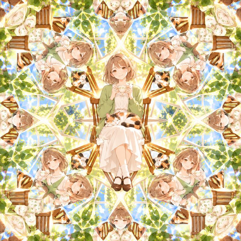 万華鏡風で描いた、窓辺で紅茶を飲む女の子と三毛猫