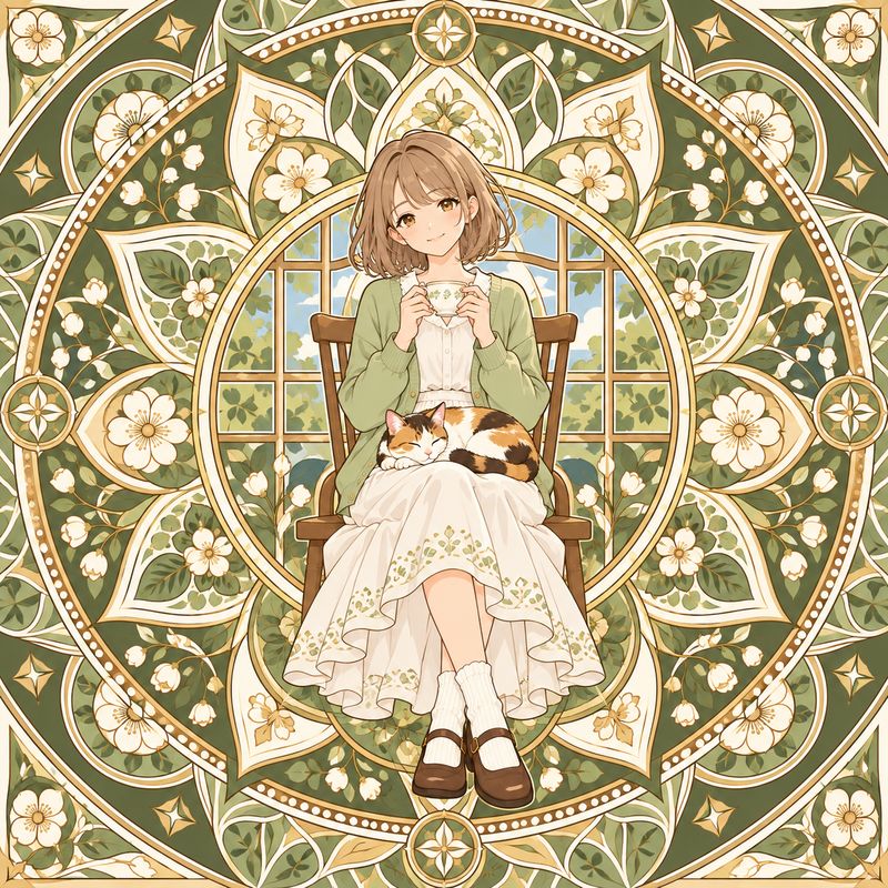 曼荼羅風で描いた、窓辺で紅茶を飲む女の子と三毛猫