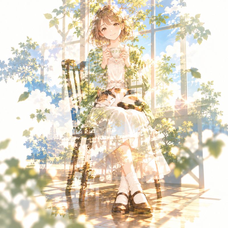 二重露光風で描いた、窓辺で紅茶を飲む女の子と三毛猫