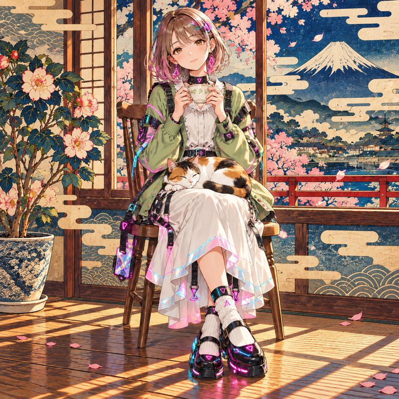 100画風ミックスで描いた、窓辺で紅茶を飲む女の子と三毛猫